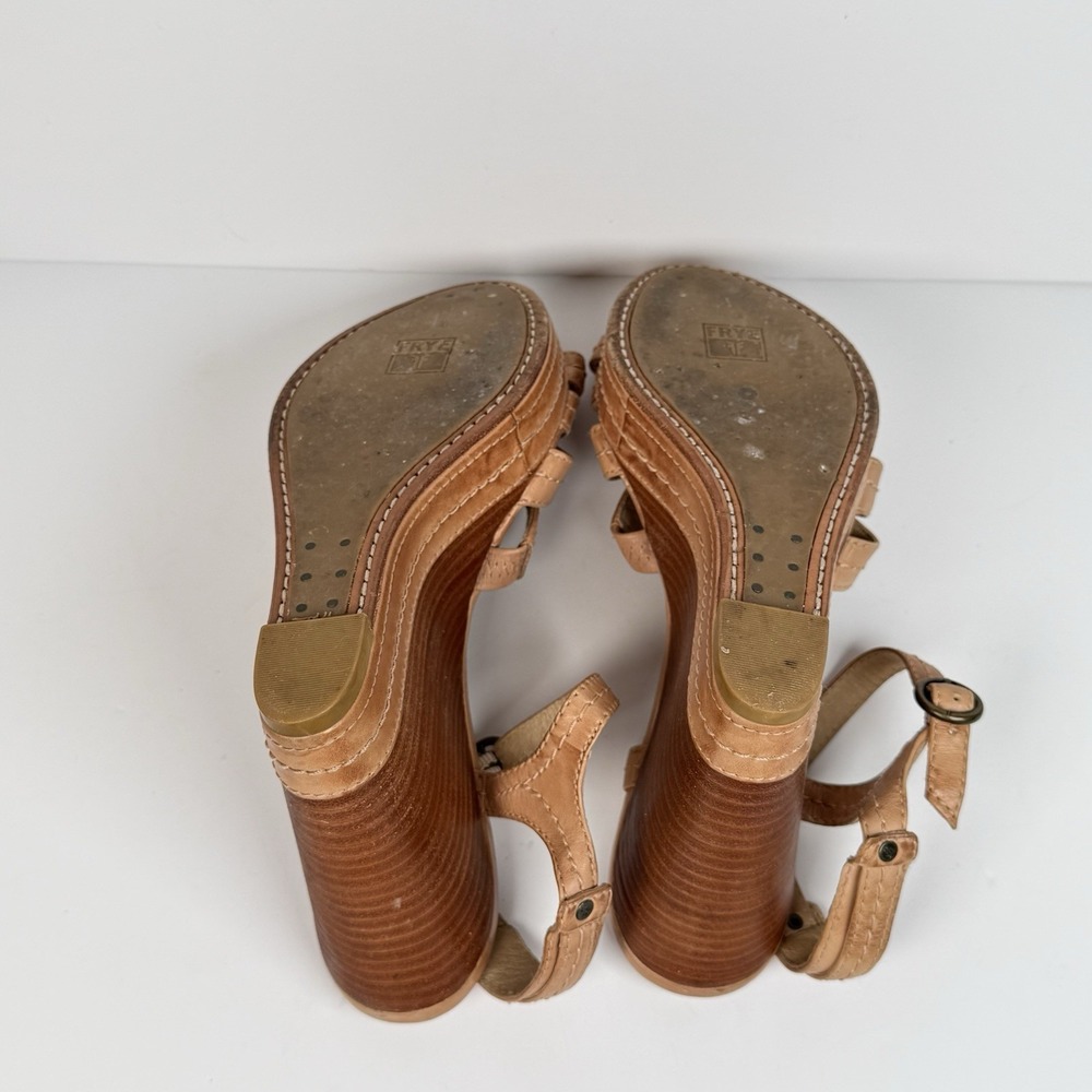 Frye Corrina Stitch Tan Leather Platform Wedge Heel Shoes Strappy Sandal Women 9 - Picture 6 of 9